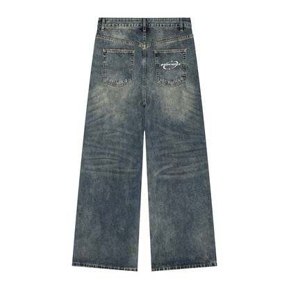 FlowMoto Men's Vintage Wash Denim Baggy Jeans