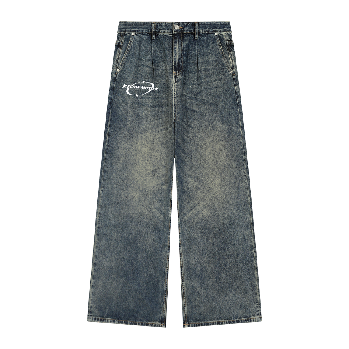 FlowMoto Men's Vintage Wash Denim Baggy Jeans