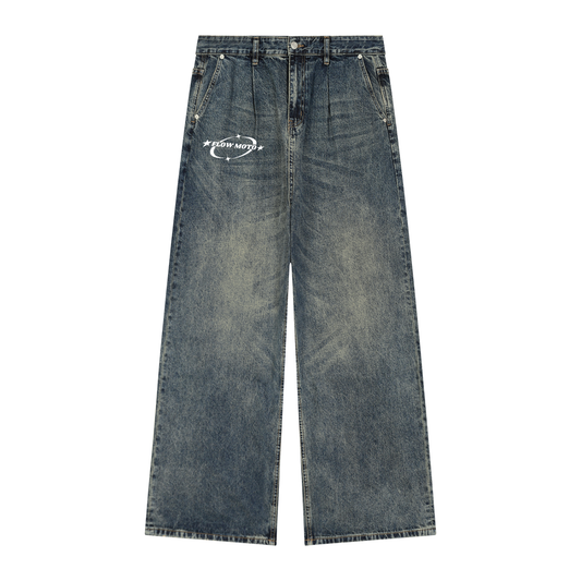 FlowMoto Men's Vintage Wash Denim Baggy Jeans
