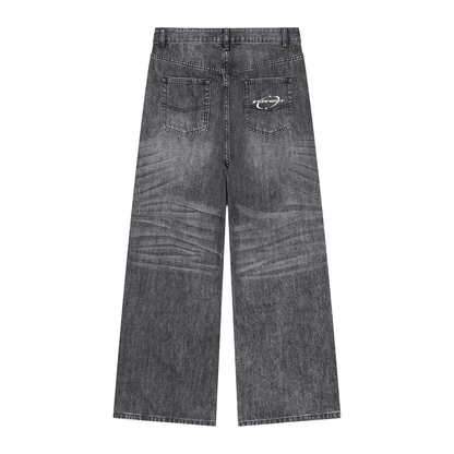 FlowMoto Men's Vintage Wash Denim Baggy Jeans